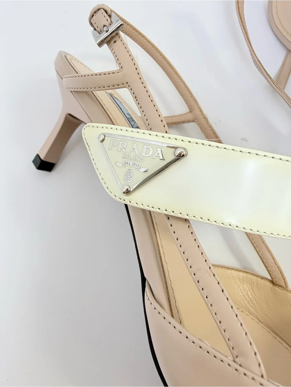 Prada Triangle Logo Mary Jane Slingback Nude Ivory Leather Heel pumps EU 38.5